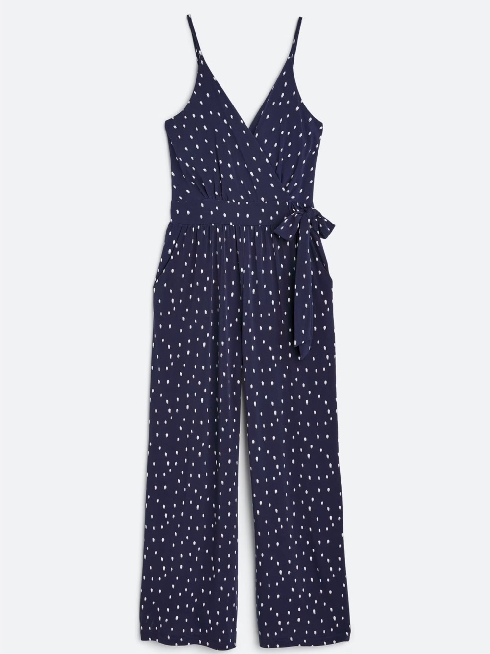 Navy Polka Dot Wrap Jumpsuit with Tie Waist